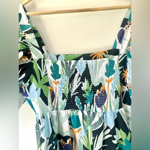 Oliphant Bubble Hem Tropical Leaf Print Puff Sleeve Cotton Mini Dress Medium - Picture 8 of 11